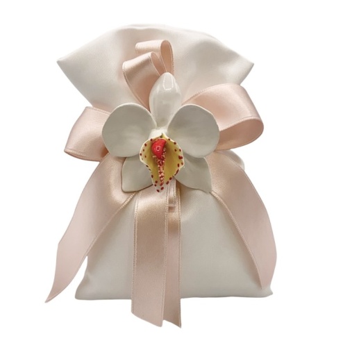 Bomboniera matrimonio orchidea Capodimonte sacchetto bianco