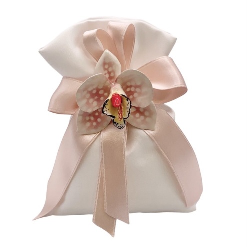 Bomboniera comunione orchidea rosa Capodimonte sacchetto bianco